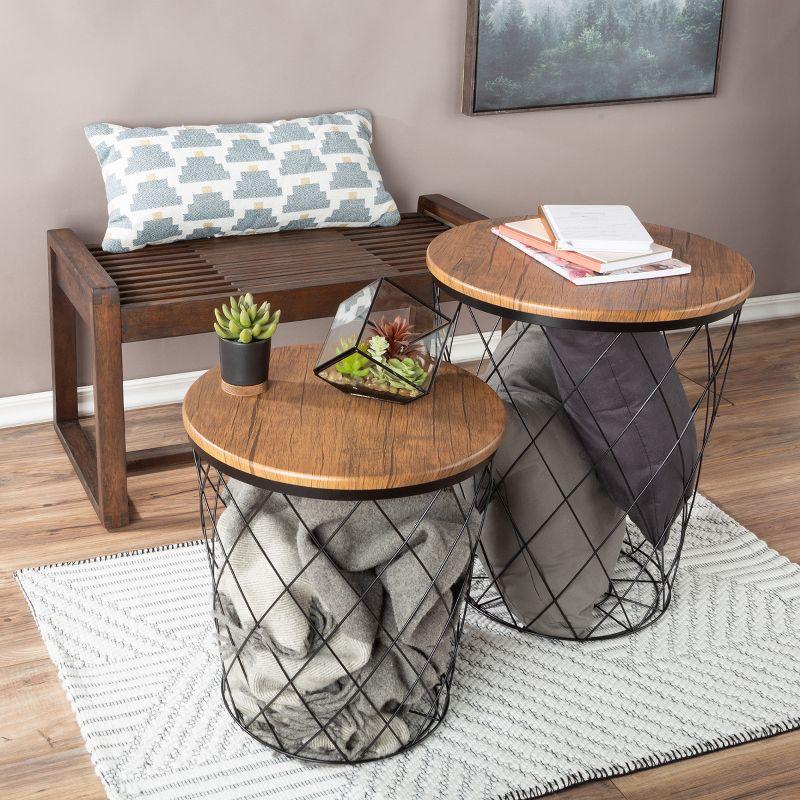Lavish Home End Table with Storage – Set of 2 Round Nesting Tables with Diamond Pattern Wire Basket Wood Tops, Industrial Farmhouse Side Table