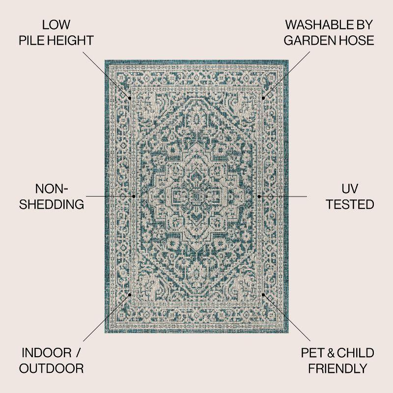 4'x6' Sinjuri Medallion Textured Weave Indoor/Outdoor Area Rug,  Teal Blue/Gray - JONATHAN Y