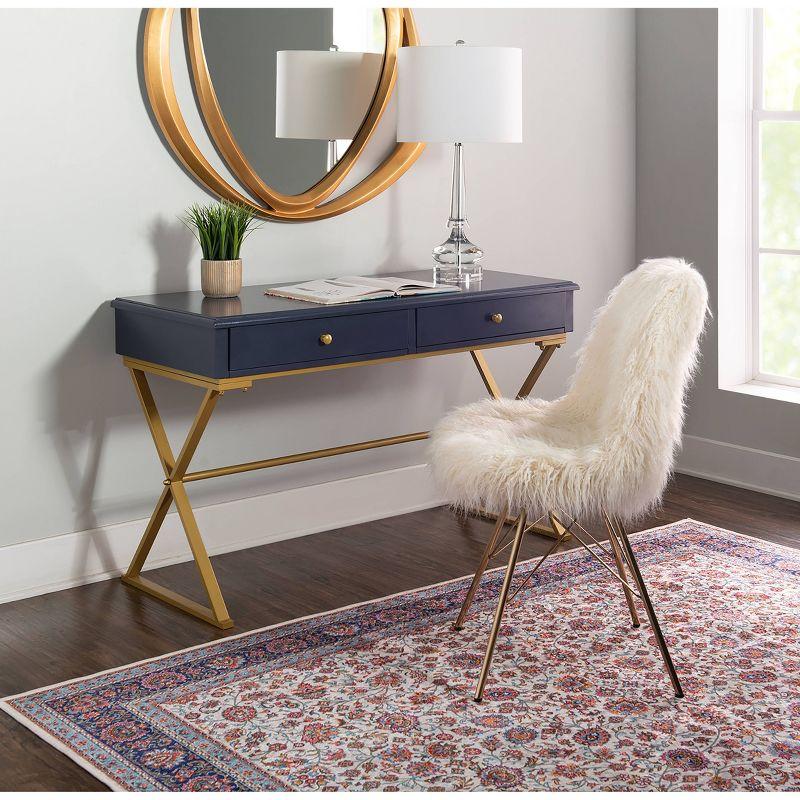 Campaign 2 Drawer Desk Blue/Gold - Linon: Matte Gold Legs, MDF, Metal Hardware