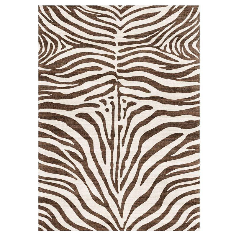 Gertmenian Crystal Print Zebra Modern Animal Print Brown Cream Washable Flat Pile Indoor Area Rug