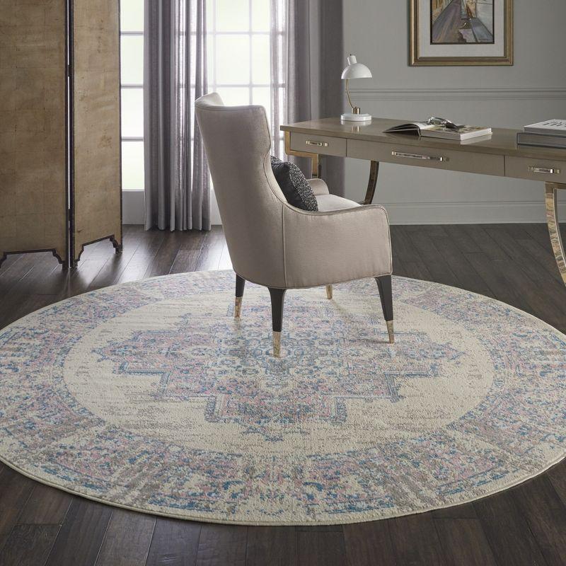 Elegant Medallion Hand-Knotted Round Rug in Ivory and Pink