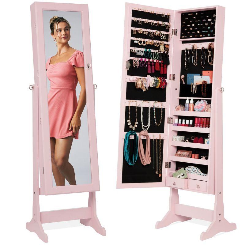 Dusty Pink Full-Length Mirror Jewelry Armoire with Velvet Lining