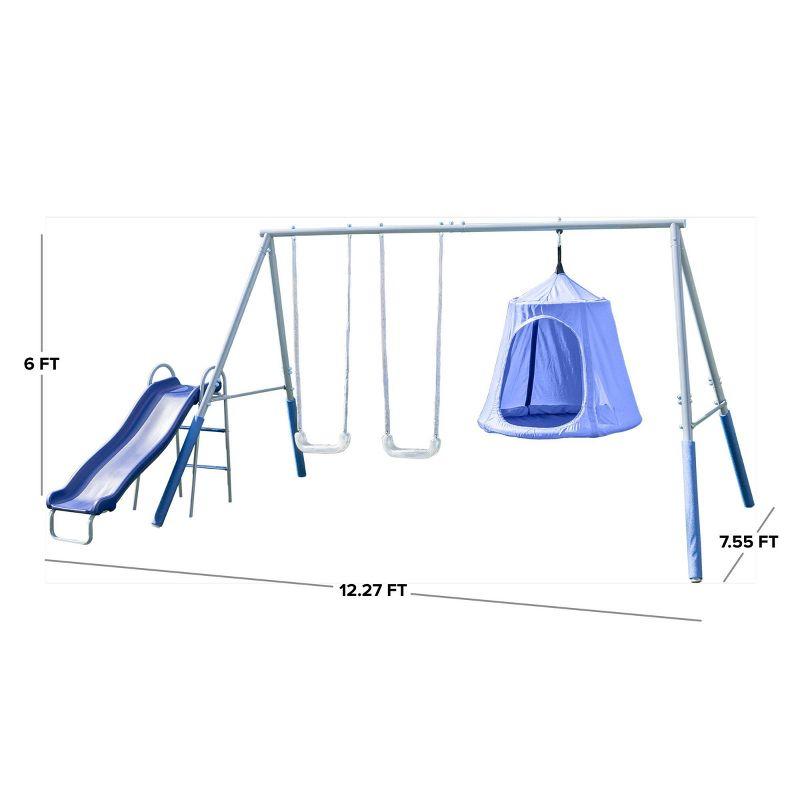 Blue Metal Swing Set with LED Swings and Wave Slide