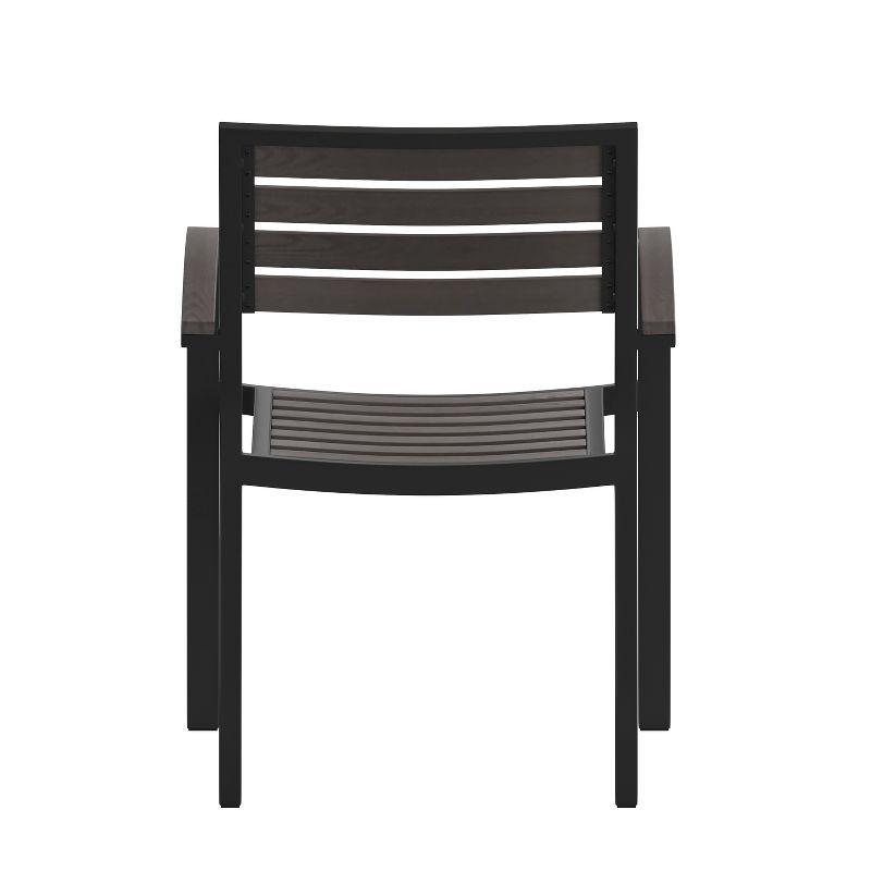 Flash Furniture 2 Pack All-Weather Black Aluminum Patio Stack Chairs - Gray Wash Faux Teak Slats