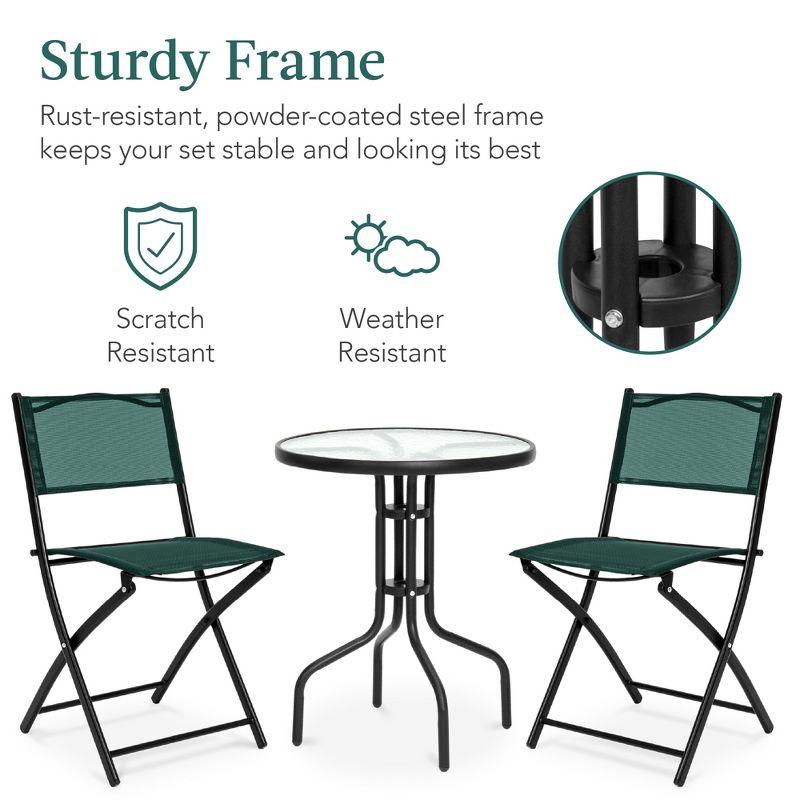 Best Choice Products 3-Piece Patio Bistro Dining Furniture Set w/ Glass Tabletop, Folding Chairs - Dark Green