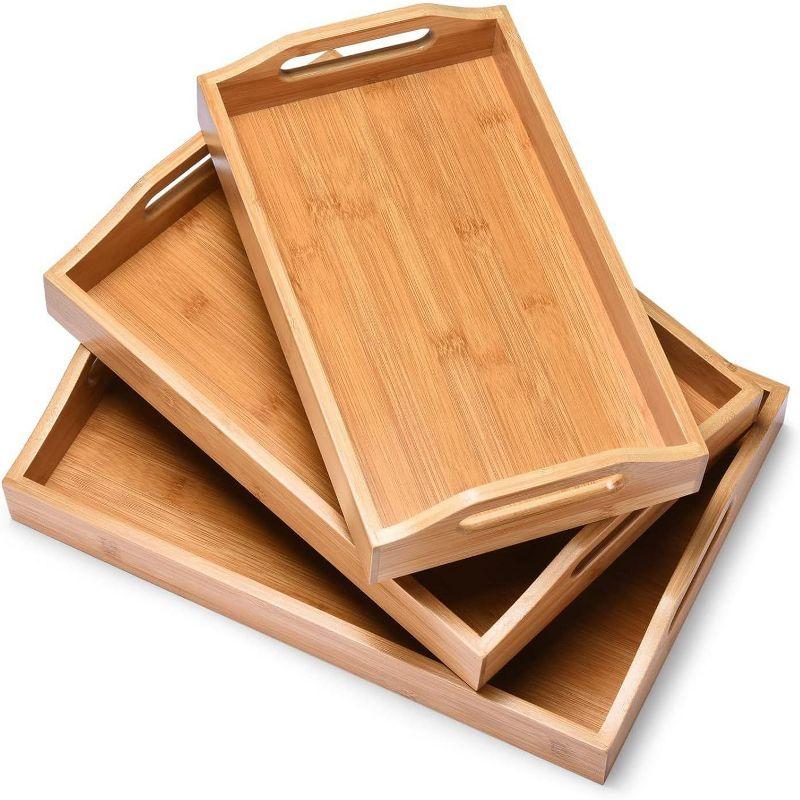 Set of 3 Natural Bamboo Serving Trays with Handles