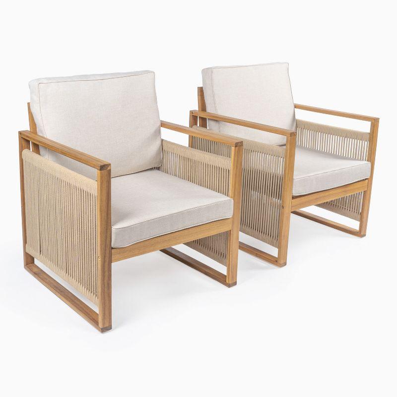 Gable Mid-Century Modern Roped Acacia Wood Outdoor Patio Chair with Cushions, Beige/Light Teak (Set of 2) - JONATHAN Y