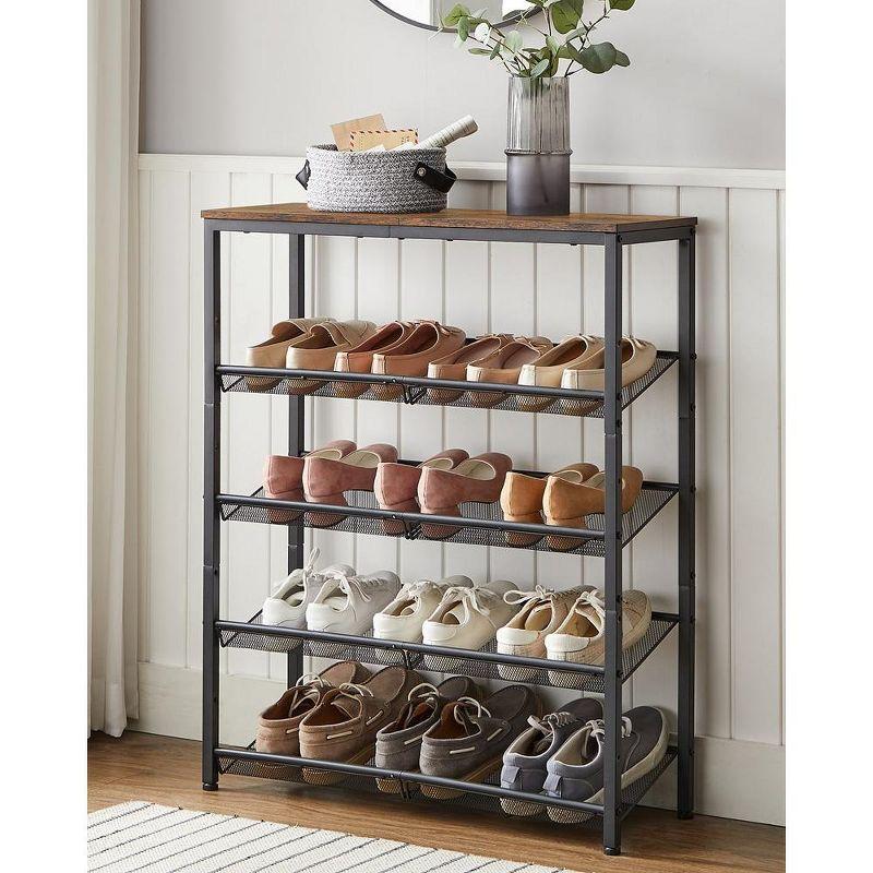 VASAGLE 5 Tier Shoe Rack for Entryway - Industrial Style Shoe Storage Organizer for 16-20 Pairs - Sturdy Wooden Top, Steel Frame - Rustic Brown/Black