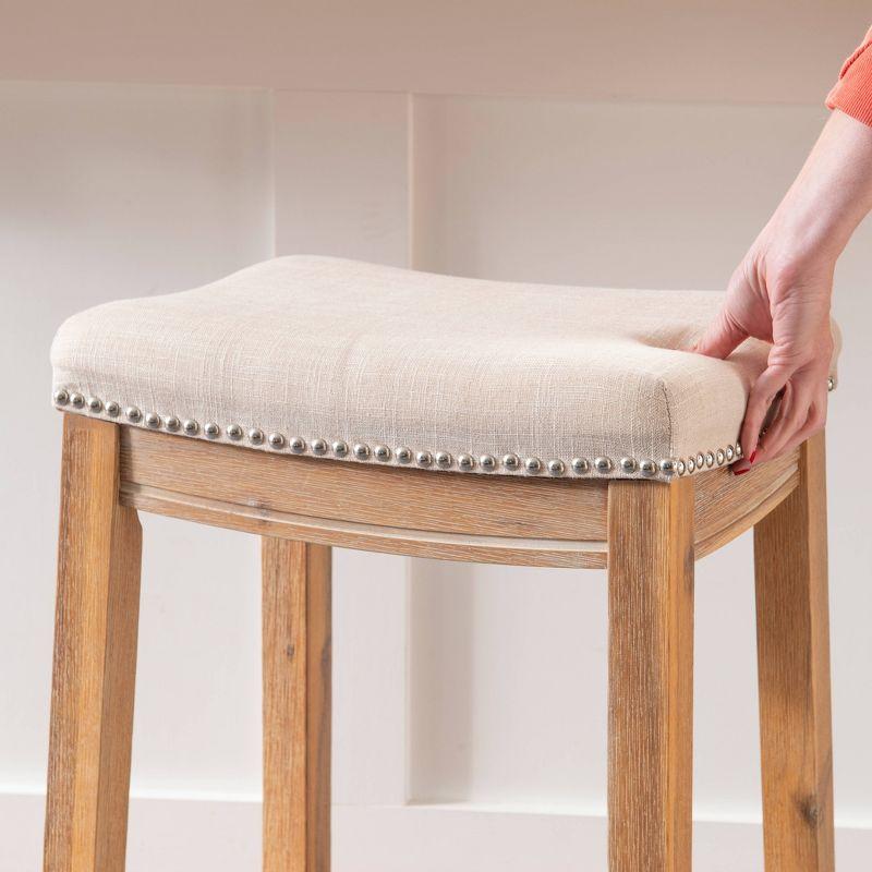 3pc Claridge Backless Stools Counter Height Dining Set Natural - Linon: Rustic Acacia Wood, Linen Upholstery