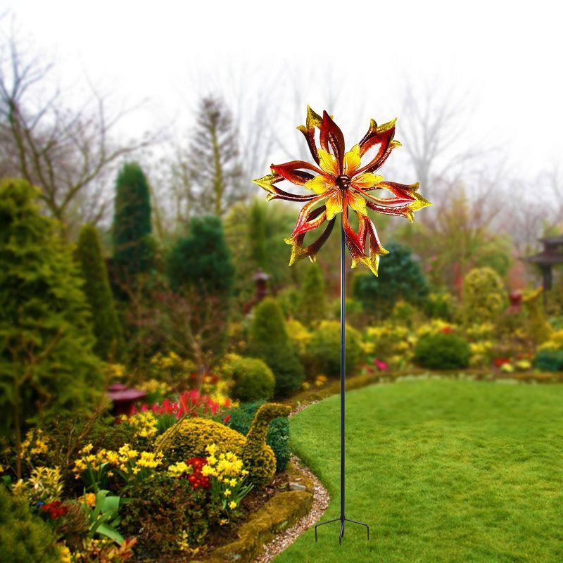 96" Glass/Iron Outdoor Flower Dual Kinetic Spinner Stake Red/Yellow - Alpine Corporation: Yard Art Decor