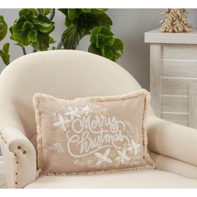 Saro Lifestyle Embroidered Merry Christmas  Decorative Pillow Cover, Natural, 14"x20"