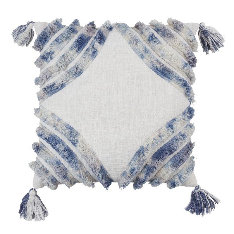 Ivory and Blue Tufted Diamond Throw Pillow with Tassels