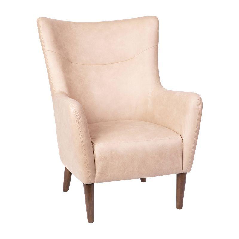 Light Brown Faux Leather Wingback Accent Chair with Wooden Legs