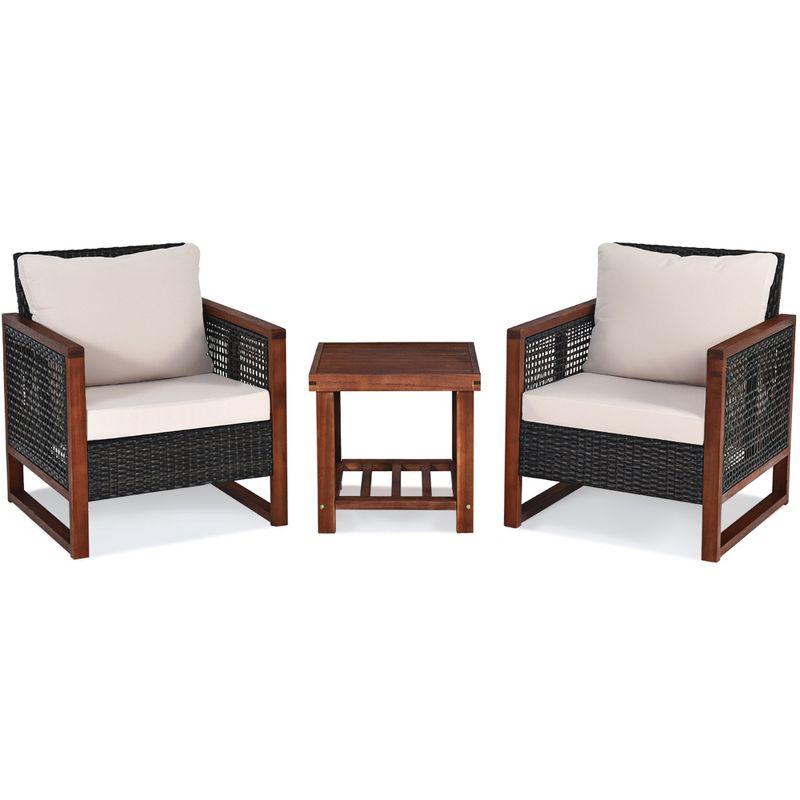 Tangkula 3-Piece Patio Rattan Wicker Bistro Set Acacia Wood Frame Sofa and Side Table