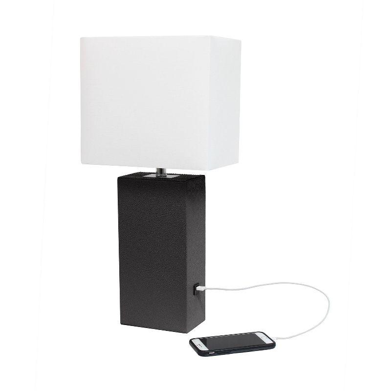 Modern Leather Table Lamp with USB and Fabric Shade - Elegant Designs