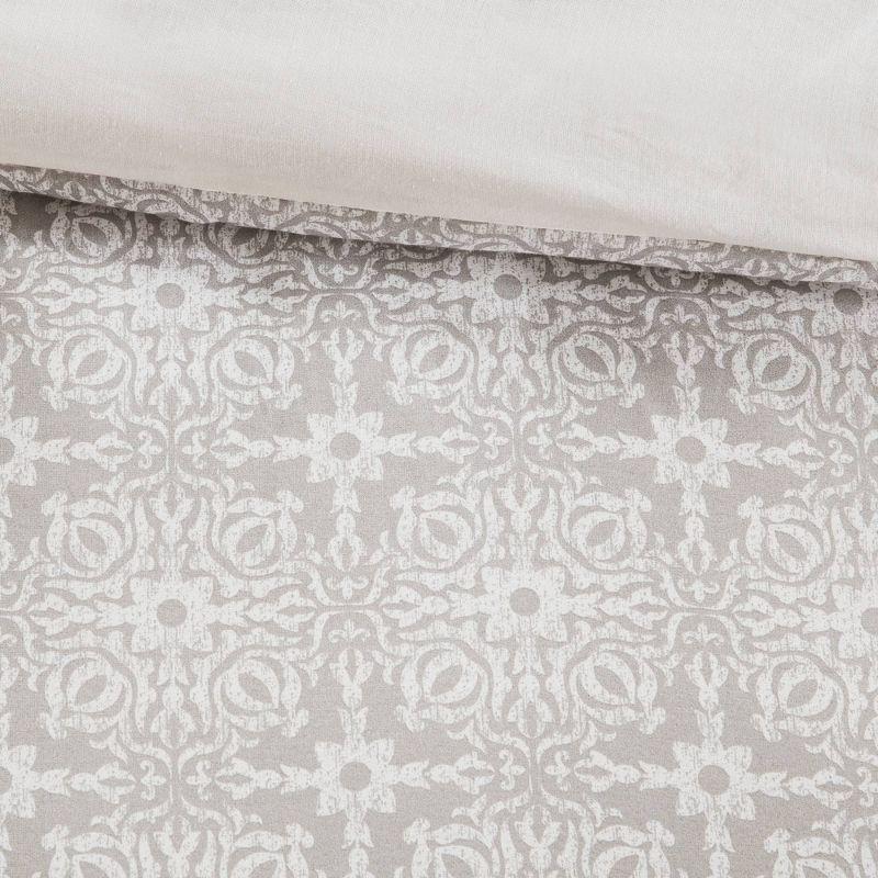 Ivory and Gray Embroidered Cotton Duvet Cover Set, Full/Queen