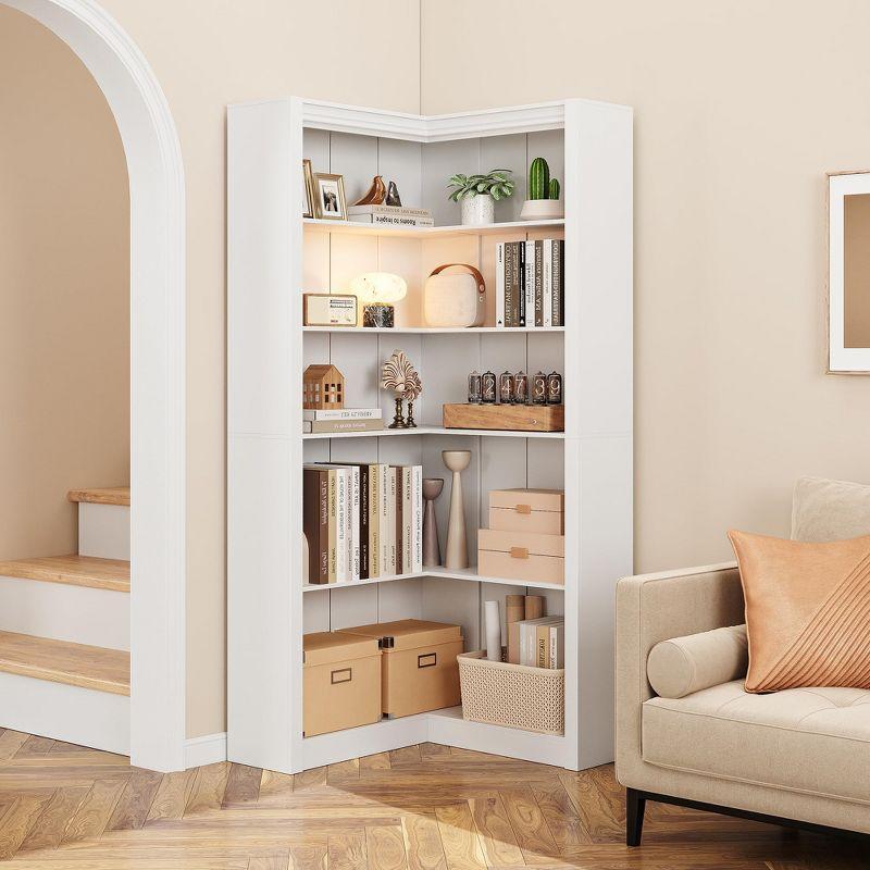 71.8" Gray Farmhouse Bookcase, L-Shaped Corner Bookshelf with 5-Tier Storage, Heavy Duty Shelf for Living Spaces