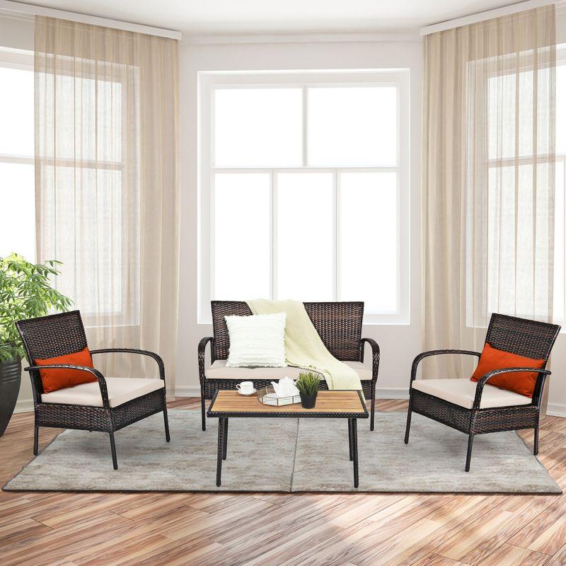 Tangkula 4PCS Cushioned Rattan Patio Conversation Set Outdoor Furniture Set