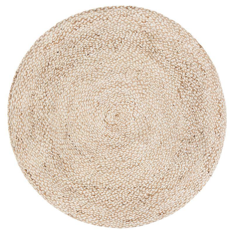 Light Tan Shapes Braided Round Area Rug 8' - Anji Mountain: Jute & Polyester, Fair Trade Certified, Modern Flat Pile