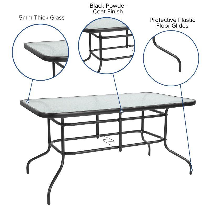 Flash Furniture 5 Piece Outdoor Patio Dining Set - 55" Tempered Glass Patio Table with Umbrella Hole, 4 Black Metal Aluminum Slat Stack Chairs