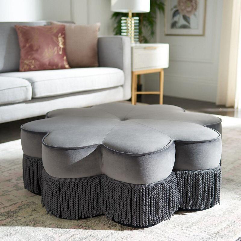 Tanith Dark Grey Velvet Flower Ottoman with Fringe