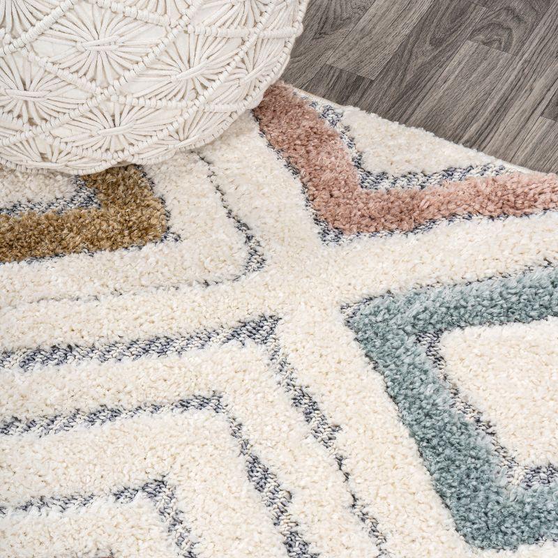 Ivory and Multicolor Geometric Diamond High-Low Area Rug