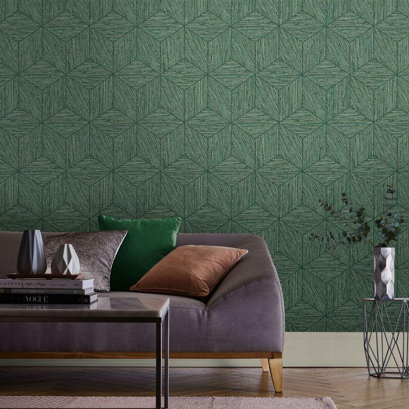 Pine Green Geometric Grasscloth Self-Adhesive Wallpaper