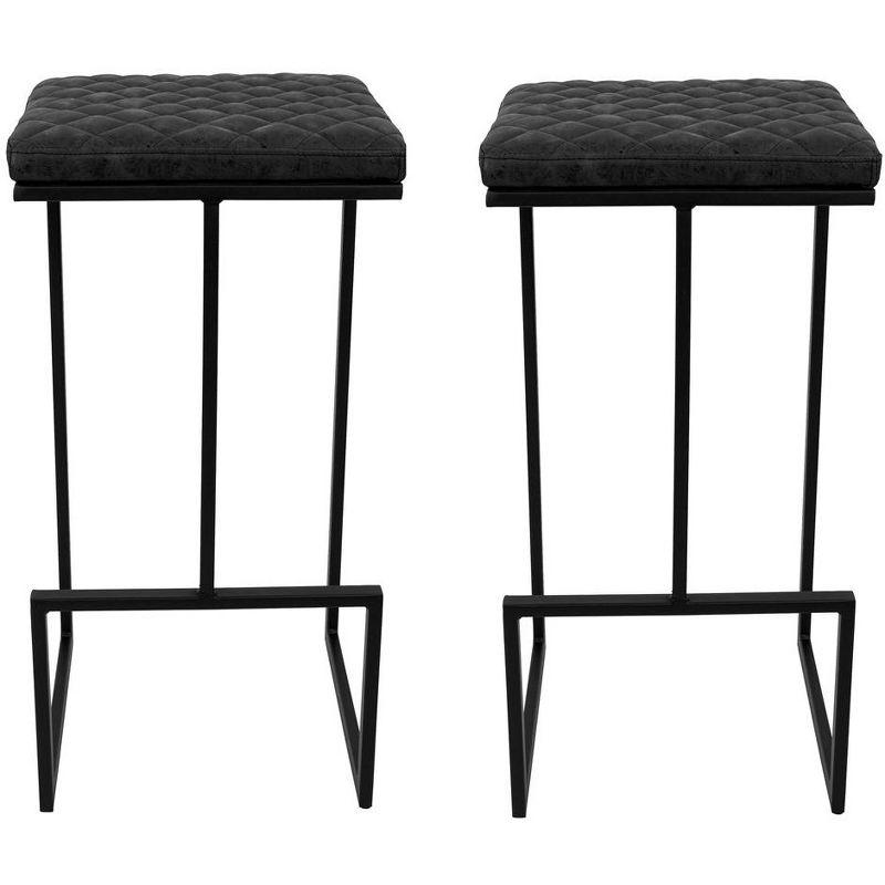 LeisureMod Quincy Modern Quilted Leather Bar Stool – Black Metal Frame Counter Height Chair for Kitchen Island and Counter Seating, Set of 2