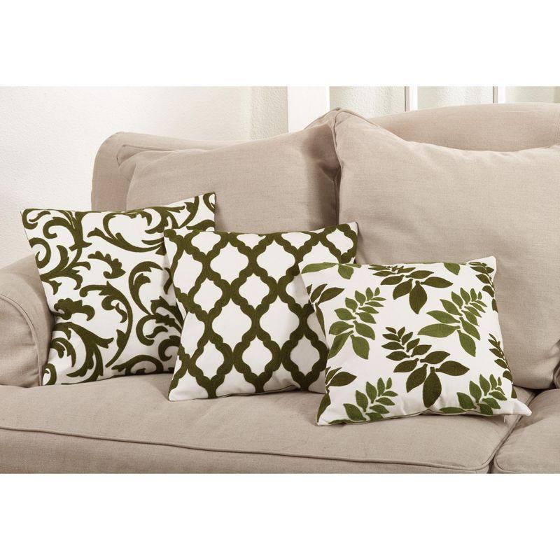 Green and White Cotton Embroidered Square Throw Pillow