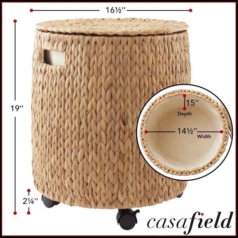 Casafield Rolling Storage Basket - Natural, Handwoven Hyacinth Rolling Hamper with Lid, Storage Bin on Wheels for Living Room, Bathroom, Laundry