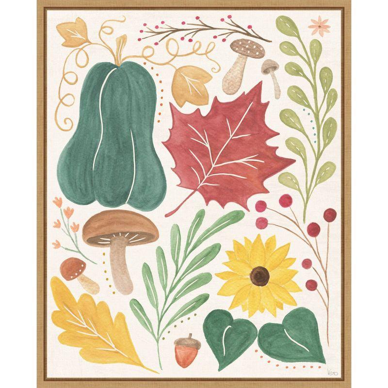 Autumn Botanical Watercolor Canvas Print with Brown Frame