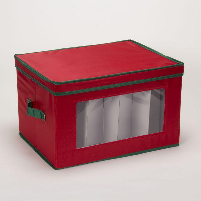 Household Essentials Holiday Stemware Storage Box, Windowed Storage with Lid, 12 Storage Compartments, Red with Green Trim