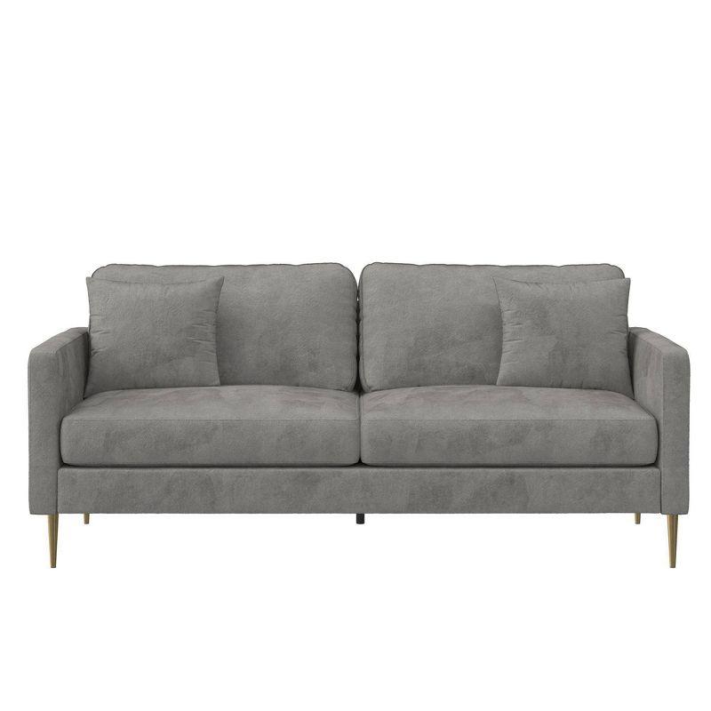 Chic Gray Velvet Sofa with Gold Metal Legs and Accent Pillows