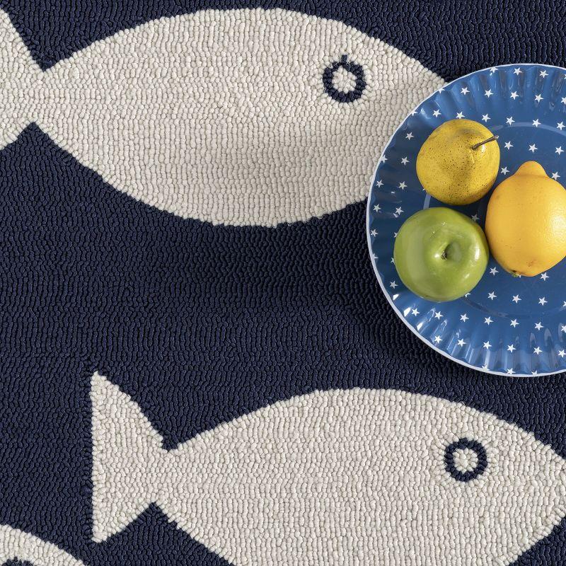 Navy and White Fish Pattern Indoor/Outdoor Rug