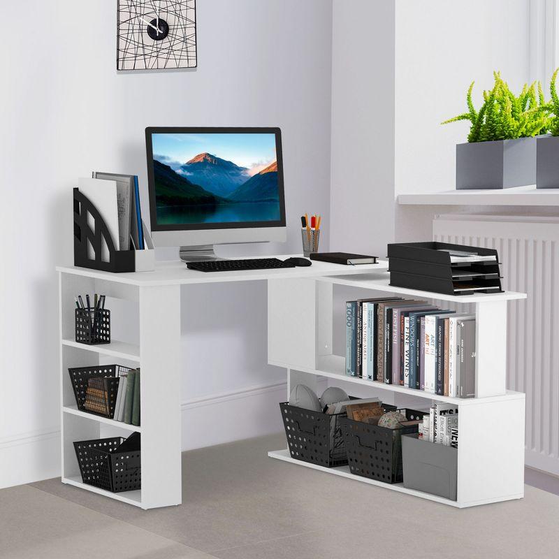 White Wood L-Shaped Rotating Corner Desk with Shelves