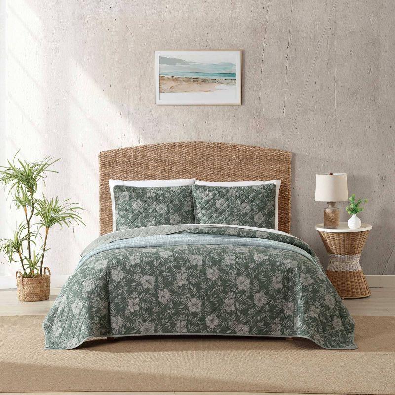 Eddie Bauer Tommy Bahama Hibiscus Jungle Cotton Reversible Green Quilt Set