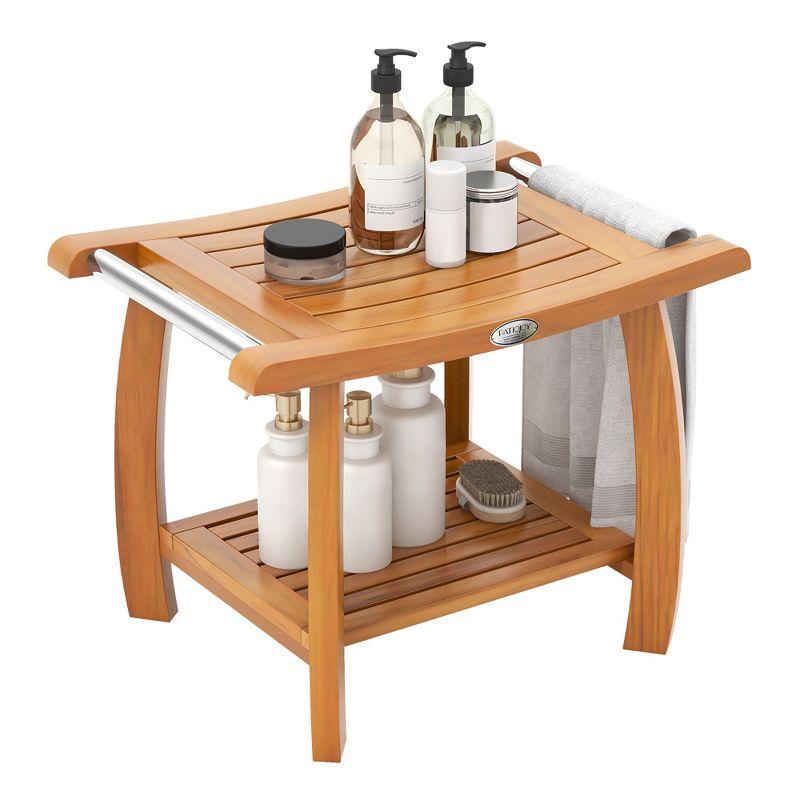 Tangkula Teak Wood Shower Bench 2-Tier Wooden Shower Stool w/ Curved Seat Handles Small