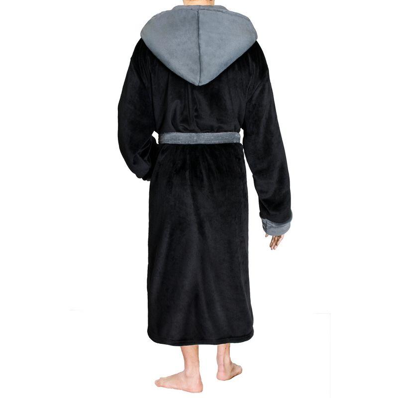PAVILIA Mens Robe, Hooded Soft Bathrobe for Men, Fleece Plush Warm Shawl Collar Hood Pockets for Bath Shower Spa (Black/Gray, One Size)