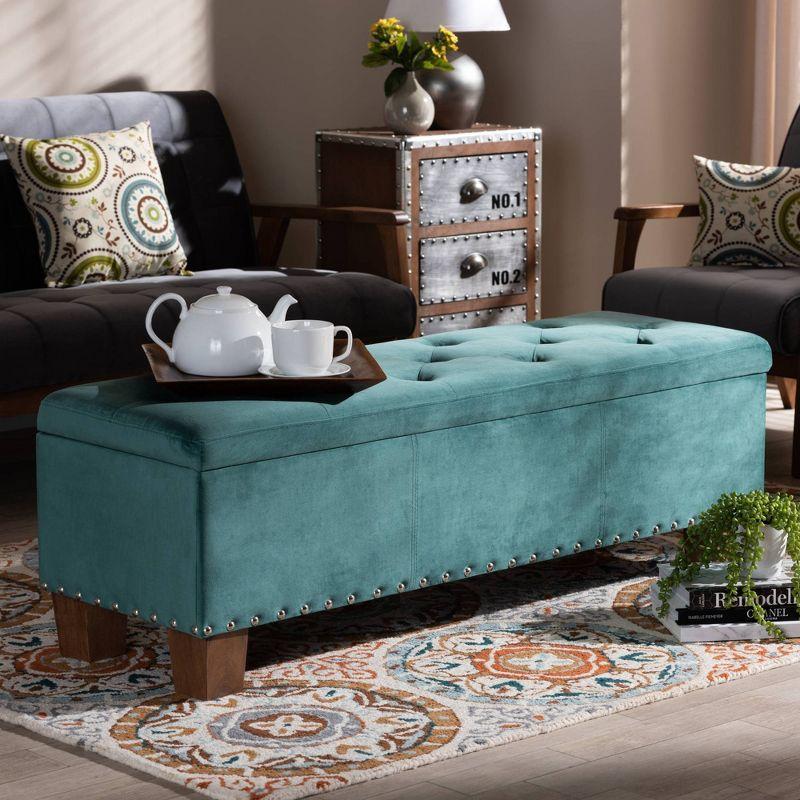 Teal Velvet Tufted Storage Bench with Walnut Legs