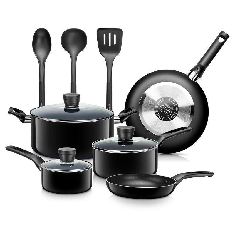 SereneLife 11-Piece Black Non-Stick Aluminum Cookware Set