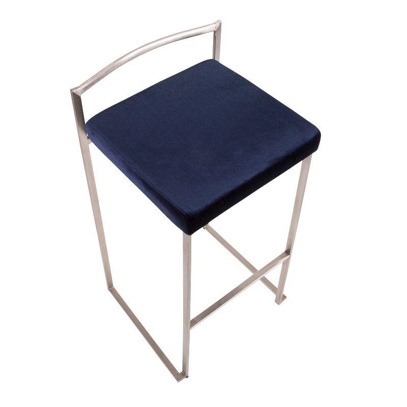 Set of 2 30" Fuji Contemporary Stackable Barstools Stainless Steel Blue Velvet - LumiSource: Kitchen, Low Back