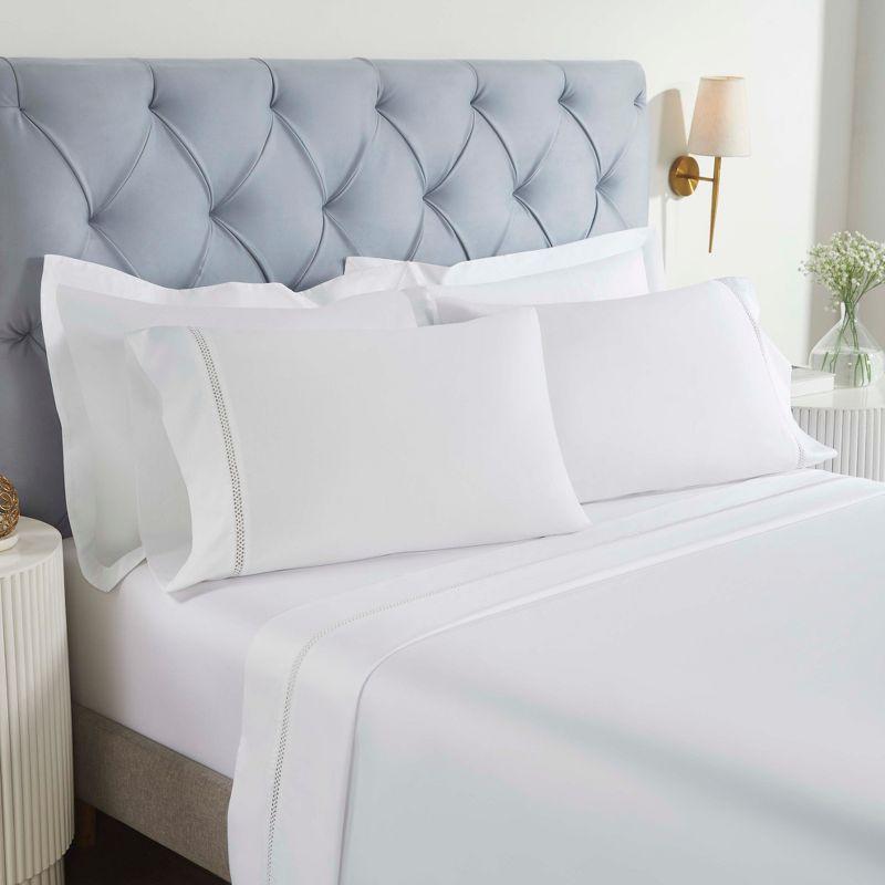 Cotton Cross-Stitch Embroidered Sheet Set, Twin Extra Long (XL), White-White - Blue Nile Mills