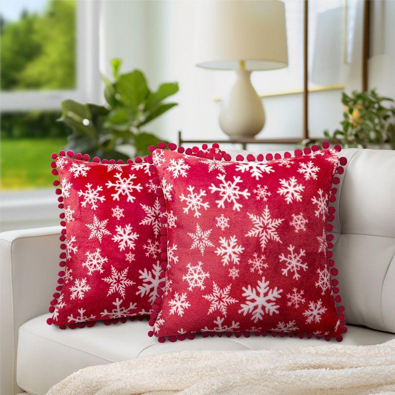 Red Snowflake Polyester Throw Pillow Covers with Pom Pom Fringe, 18x18, Set of 2