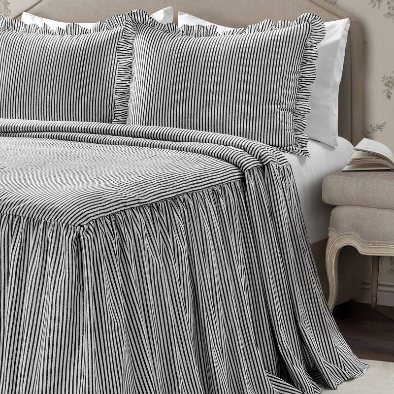 Elegant Black Ruffle-Edged Queen Bedspread Set with Pinstripes