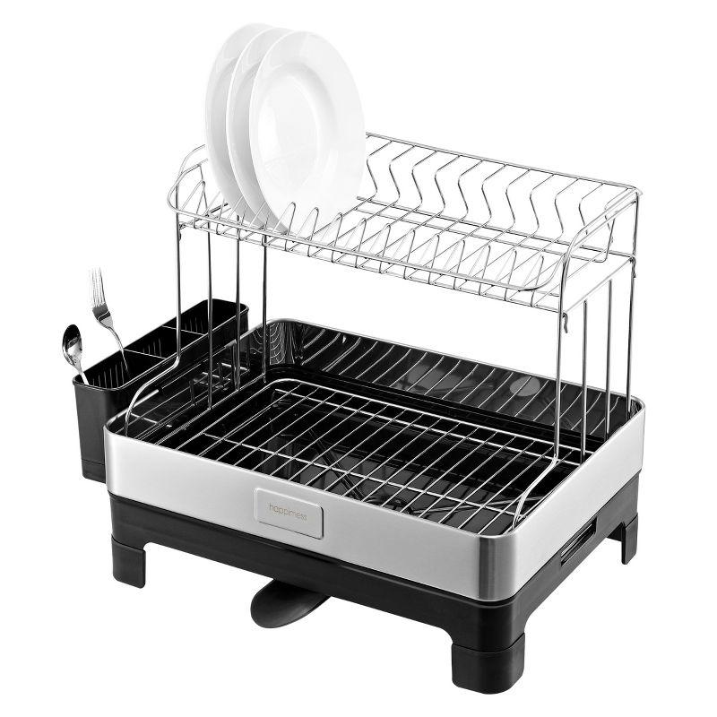 happimess Simple 20.75" Fingerprint-Proof Stainless Steel 2-Tier Dish Drying Rack with Swivel Spout Tray, Stainless Steel/Black