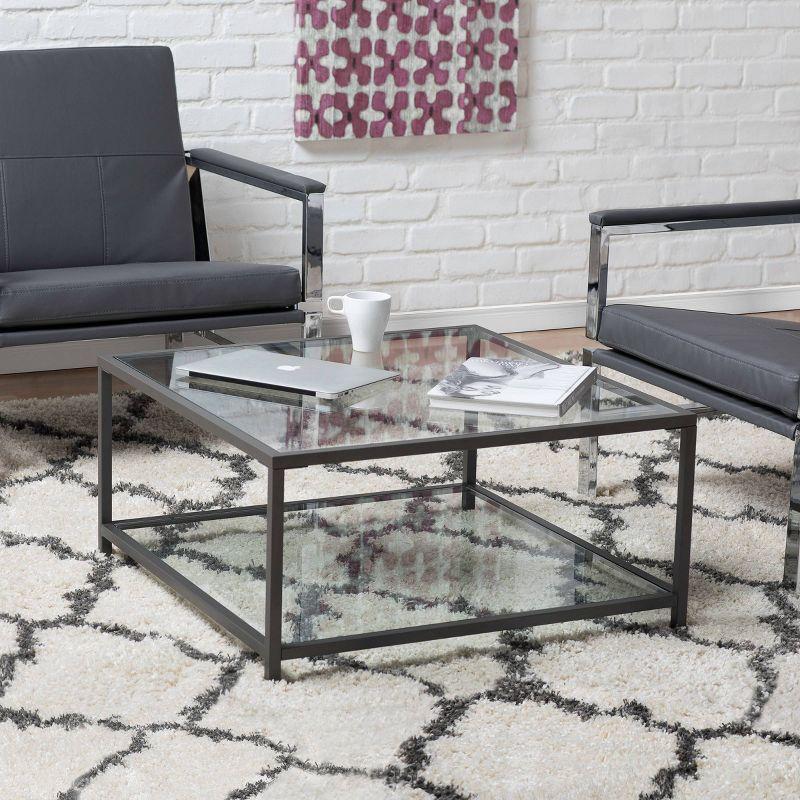 Camber 30" Square Pewter Coffee Table with Glass Shelves