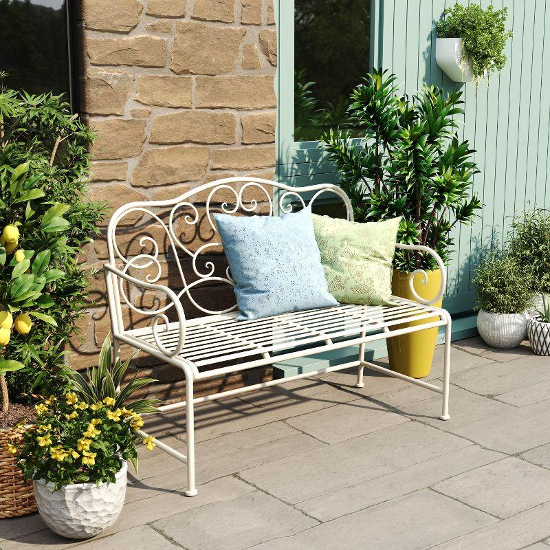 Matte White Iron Outdoor Garden Bench with Floral Design, 41"