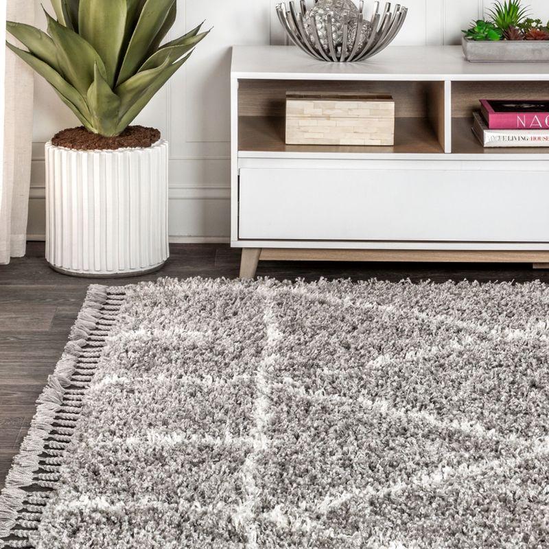4'x6' Mercer Shag Plush Tassel Moroccan Geometric Trellis Area Rug, Grey/Cream - JONATHAN Y
