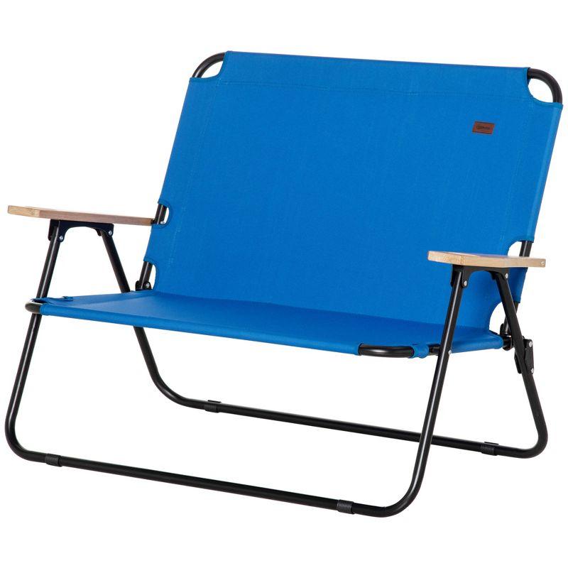 Outsunny Portable Folding Double Camping Chair Cup Holder, Loveseat for 2 Person, Outdoor Chair with Wood Armrest Beach Travel, Blue