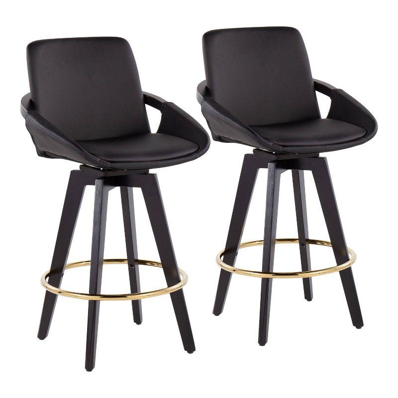 Set of 2 Cosmo PU Leather/Metal/Wood Counter Height Barstools Black/Gold - LumiSource: Swivel Seat, Fixed Height